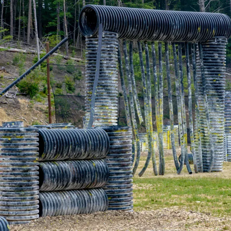 Paintball course with black corrugated tubes as barriers; green and yellow paint splatters visible.