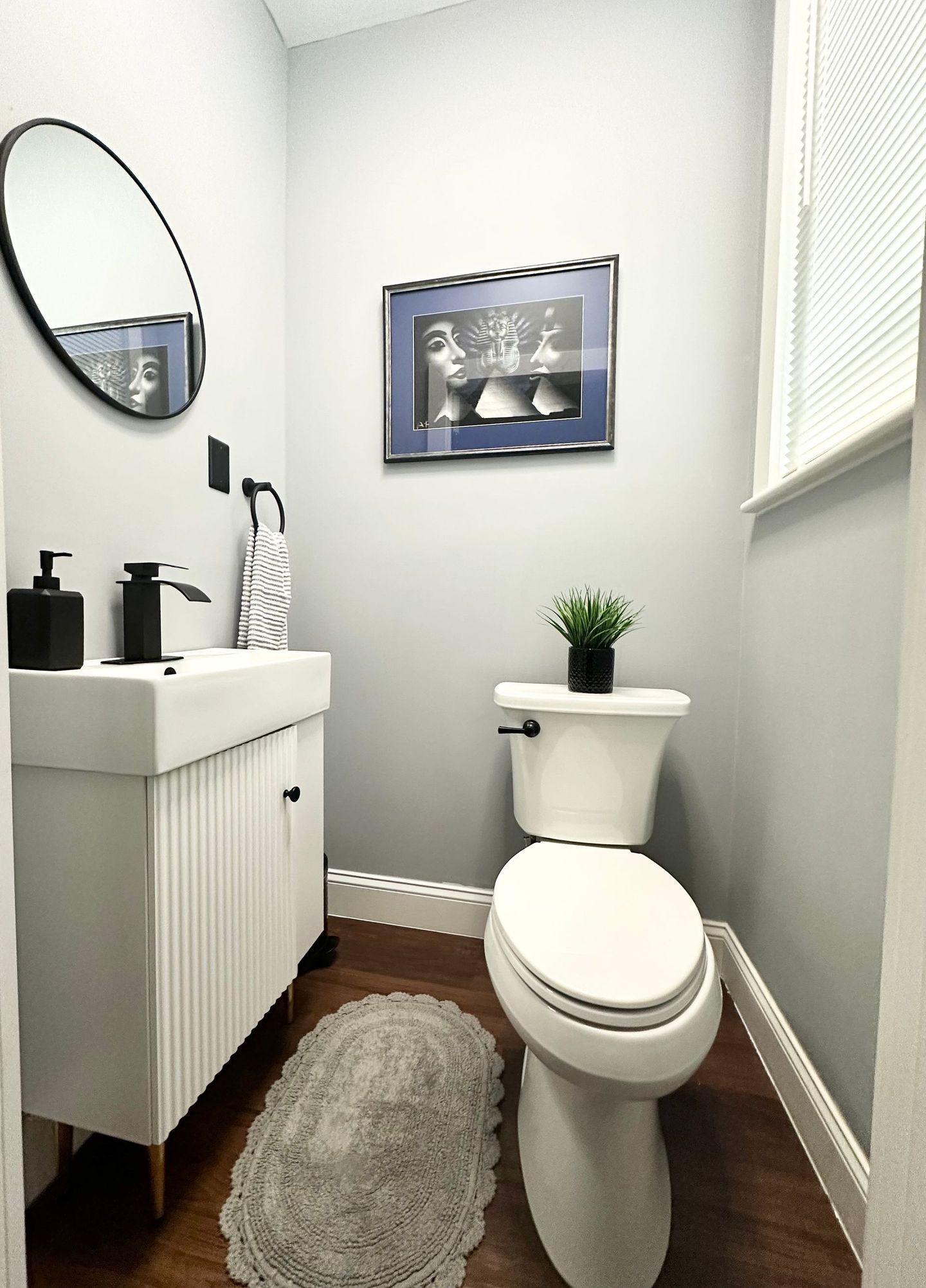 A bathroom with a toilet , sink , mirror and rug.