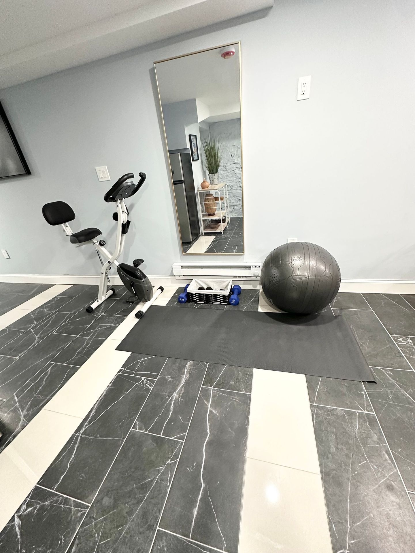 A gym with a bike , exercise ball , dumbbells and a mirror.