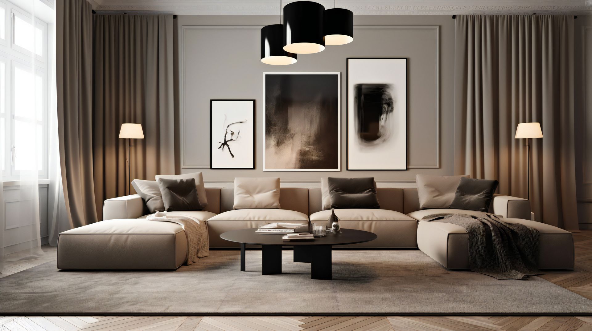 Living room with large sectional sofa, art, pendant lights, and floor lamps. Neutral color palette.