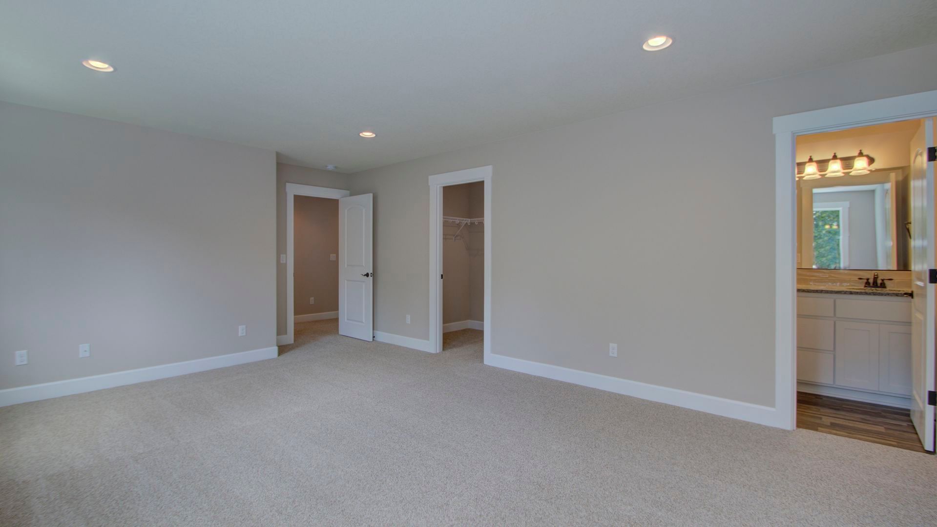 There is a bathroom and a closet in the room.