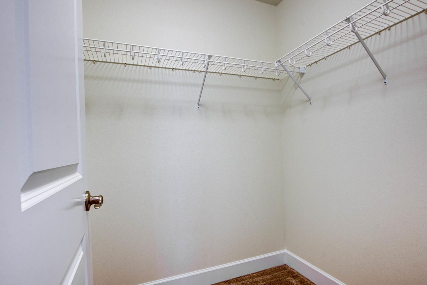 An empty walk in closet in a house with a door open.