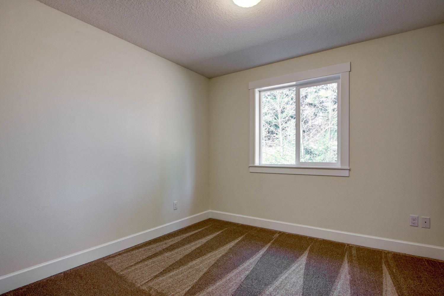 An empty bedroom with a window and a rug.