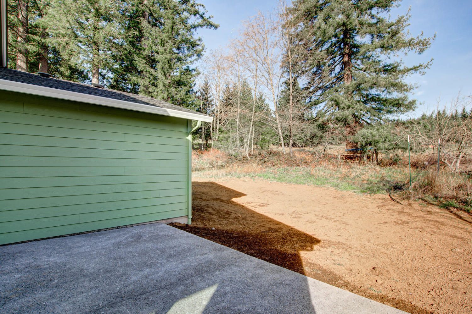 A green garage door is sitting next to a concrete driveway.