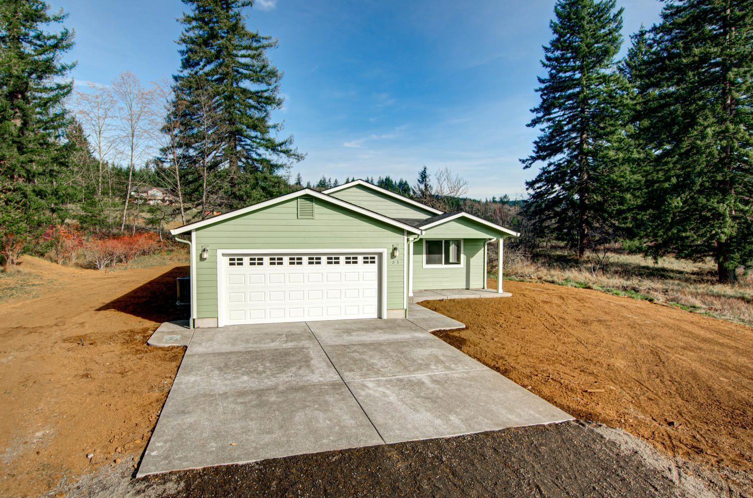 A green house with a white garage door and a concrete driveway