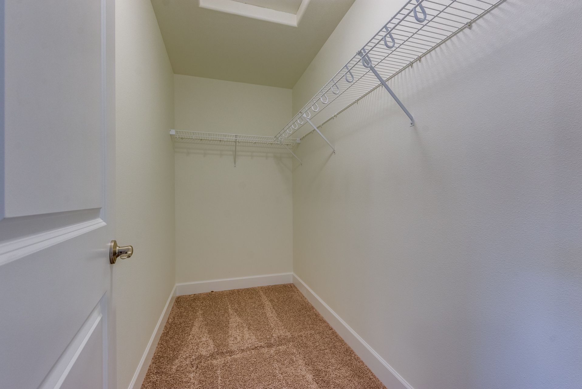 A walk in closet in a house with a carpeted floor and white walls.