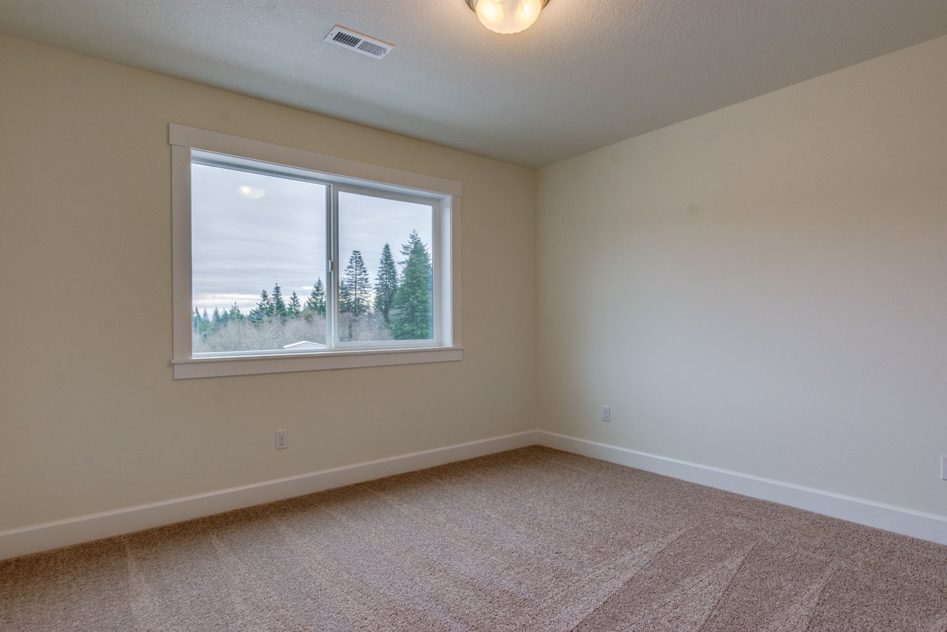 An empty bedroom with a large window and a carpeted floor.