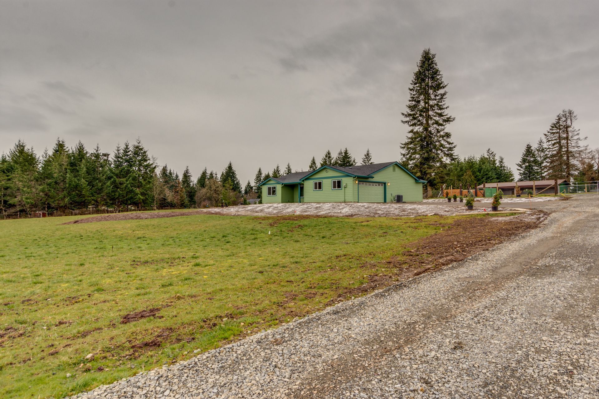 A green house is sitting in the middle of a grassy field next to a gravel road.