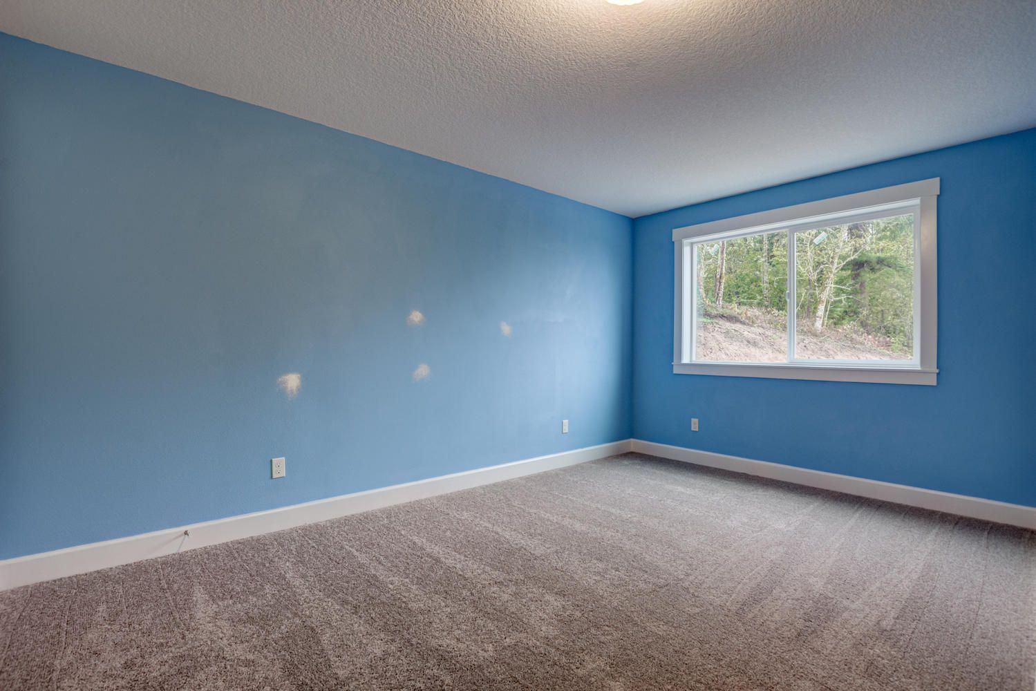 An empty bedroom with blue walls and a window.