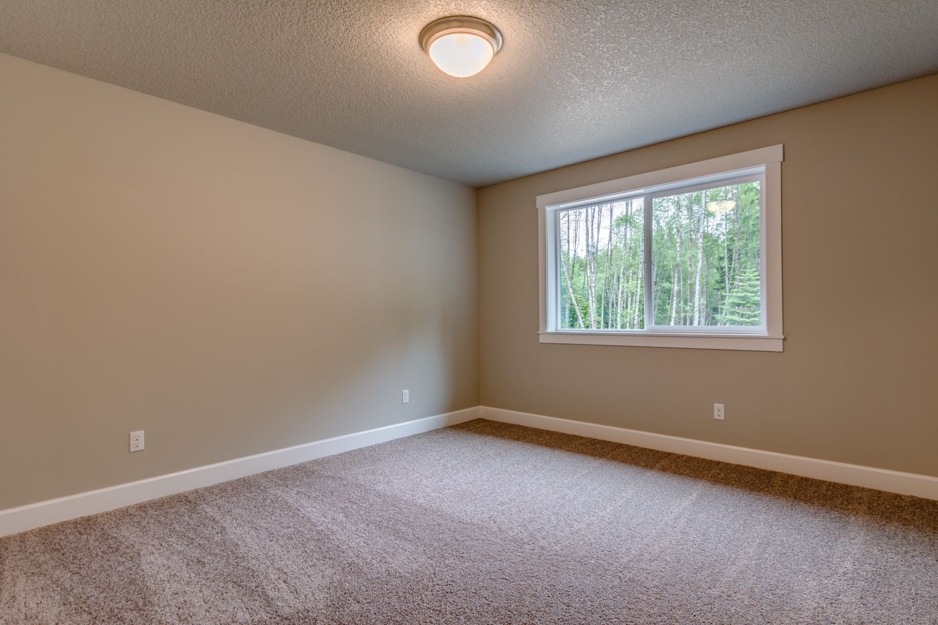 An empty bedroom with a large window and a carpeted floor.