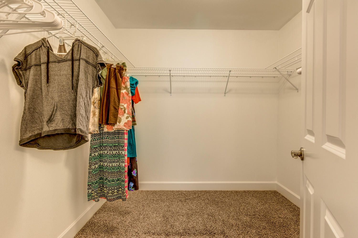 A walk in closet with clothes hanging on racks and a door.