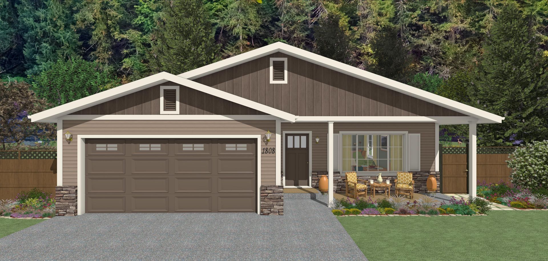 A computer generated image of a house with a green siding