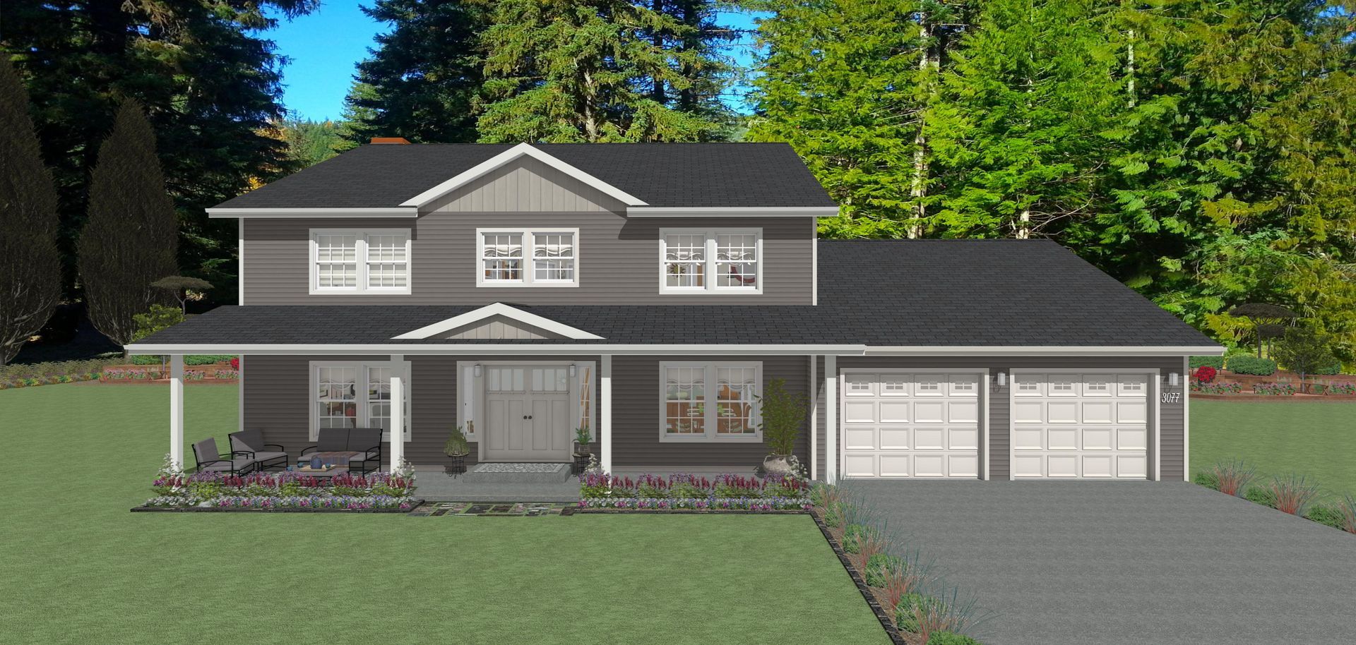 A large house with two garages and a driveway is sitting on top of a lush green lawn.