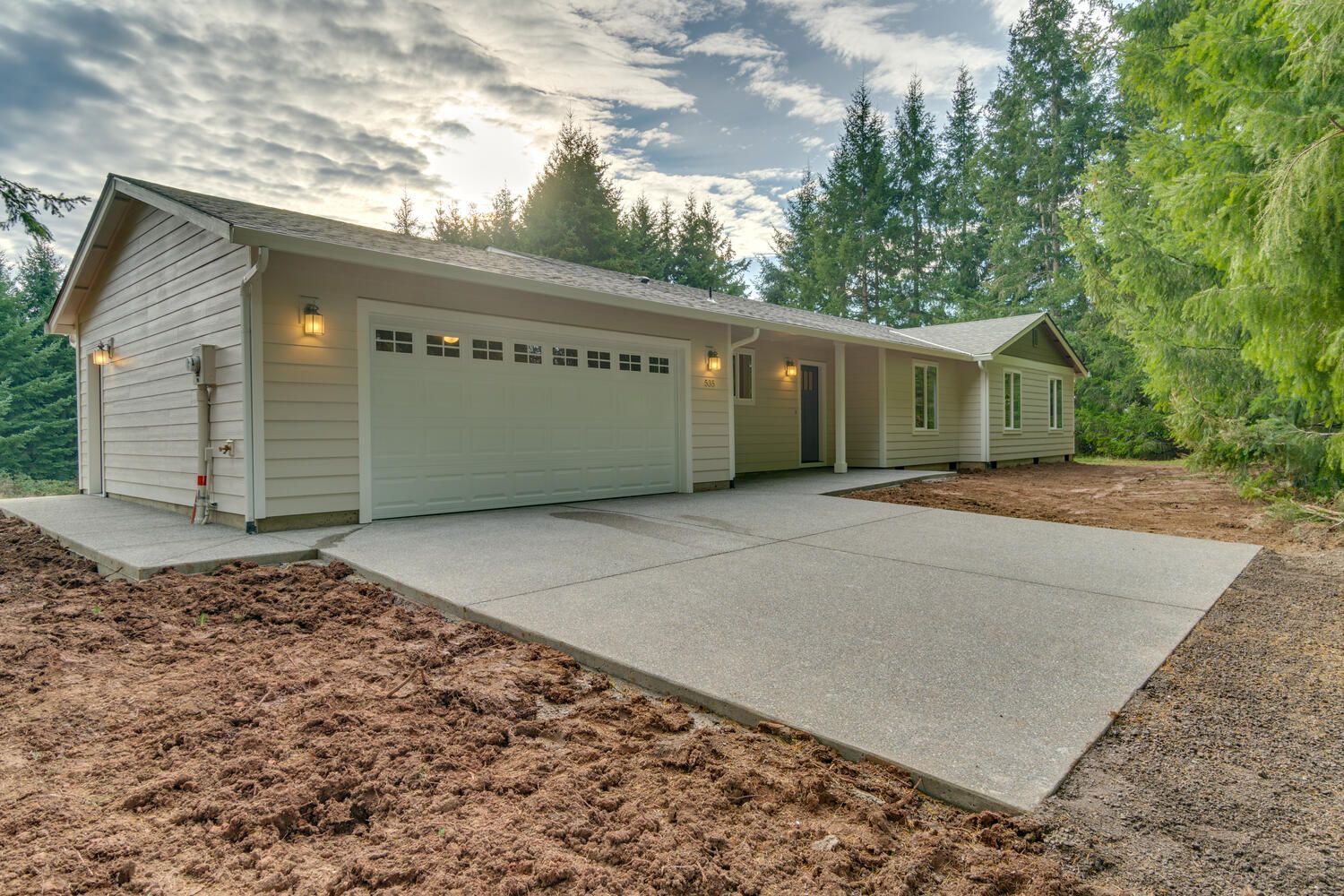 A house with a garage and a driveway in front of it