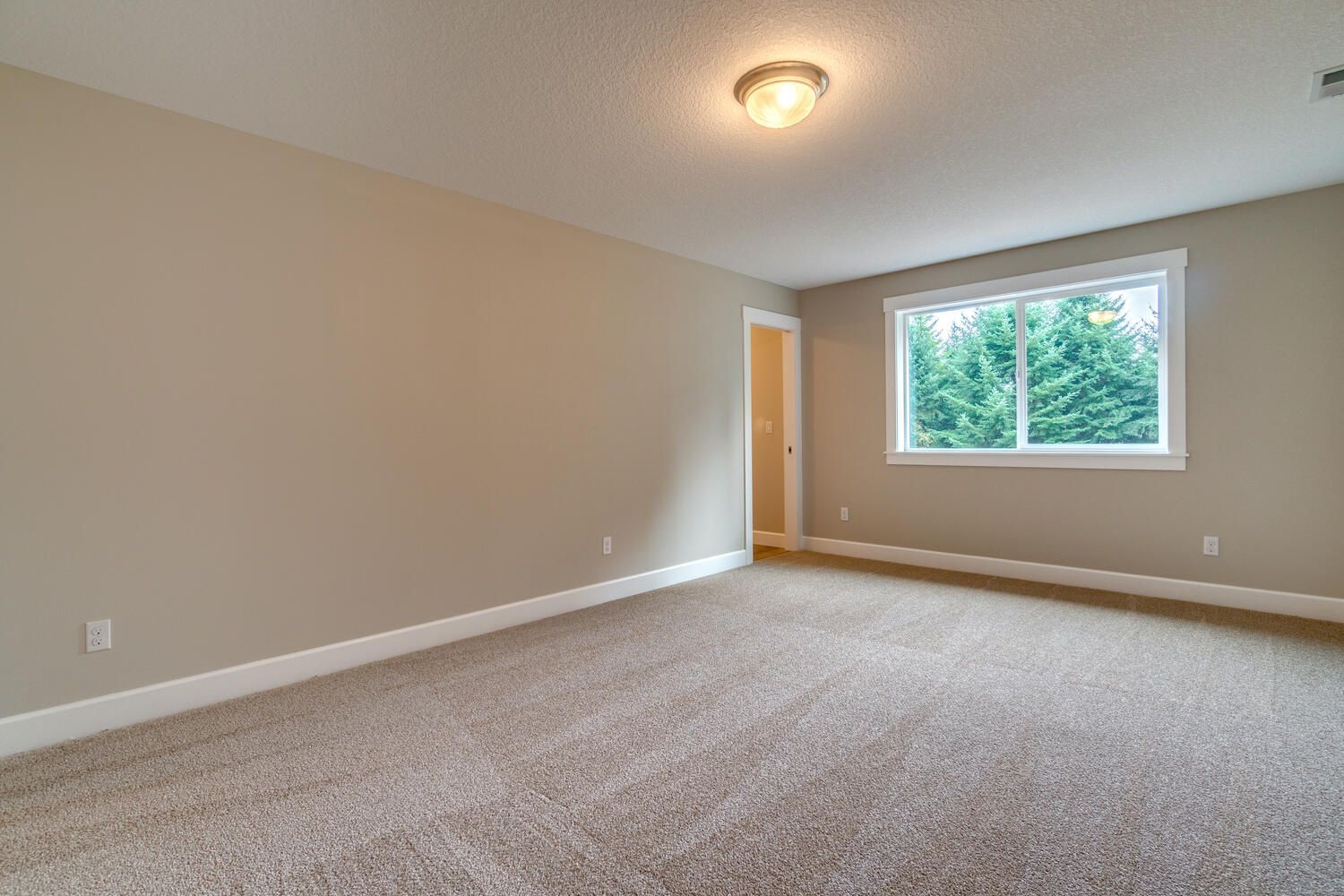 An empty bedroom with a large window and a carpeted floor.