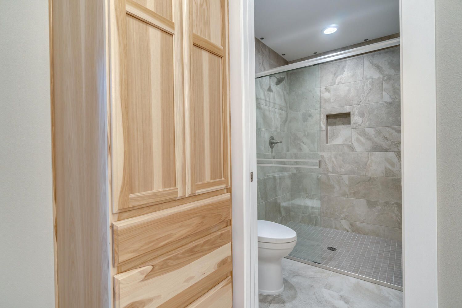 A bathroom with a toilet and a walk in shower.