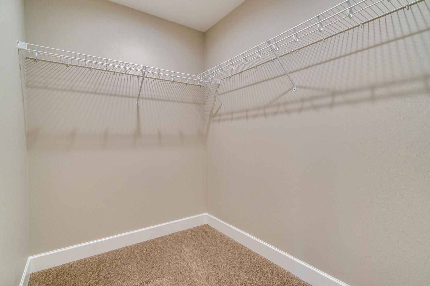 An empty walk in closet with a wire rack and a carpeted floor.