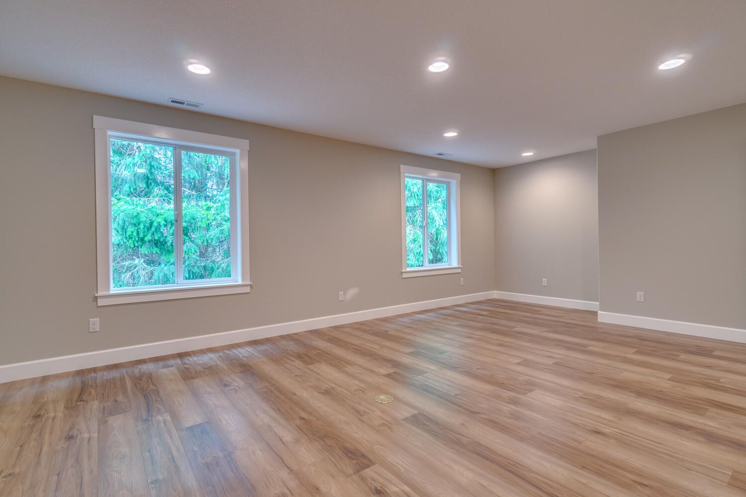An empty room with hardwood floors and two windows.