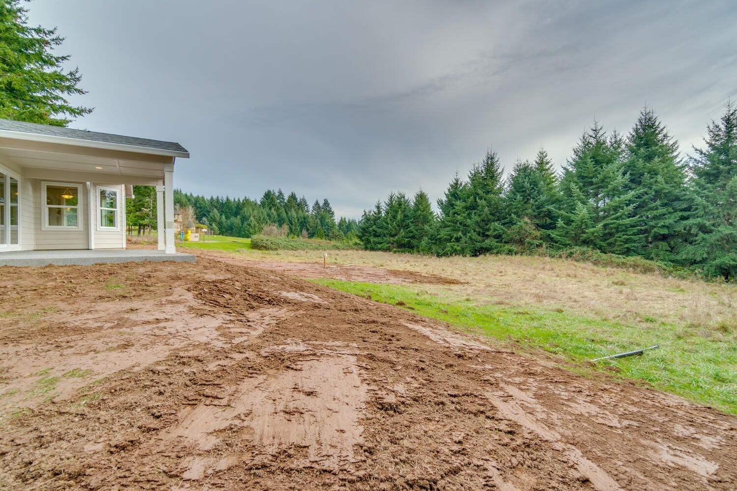 A dirt road leading to a house with trees in the background.