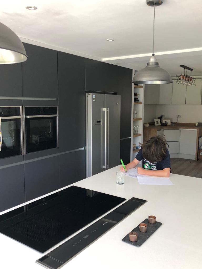 Modern concrete & charcoal family kitchen for Nicki Bennet, Newbury, in 2017