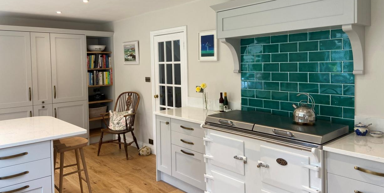 kitchen with emerald tile splashback