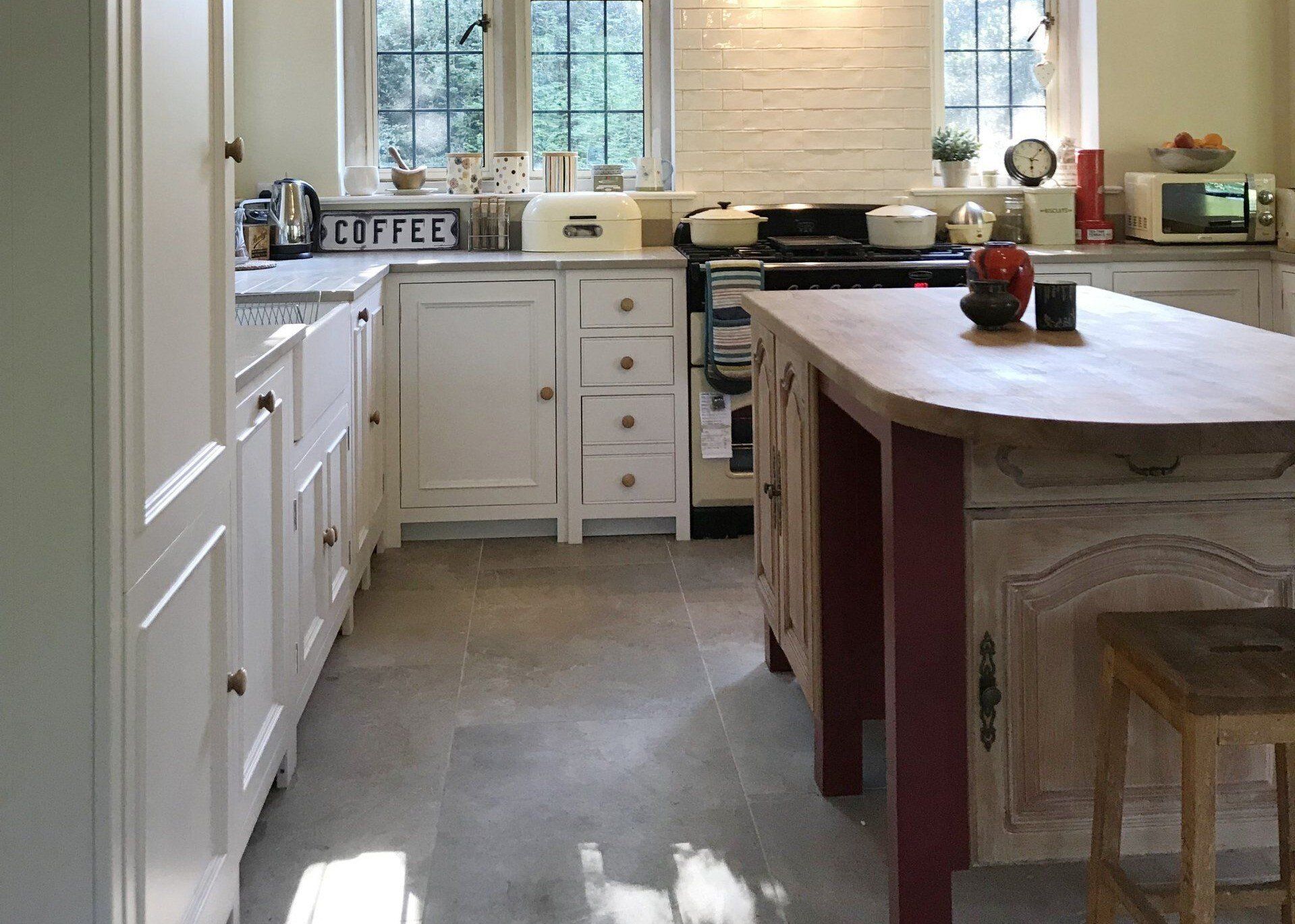 traditional kitchen with upcycled cabinet doors used for kitchen island