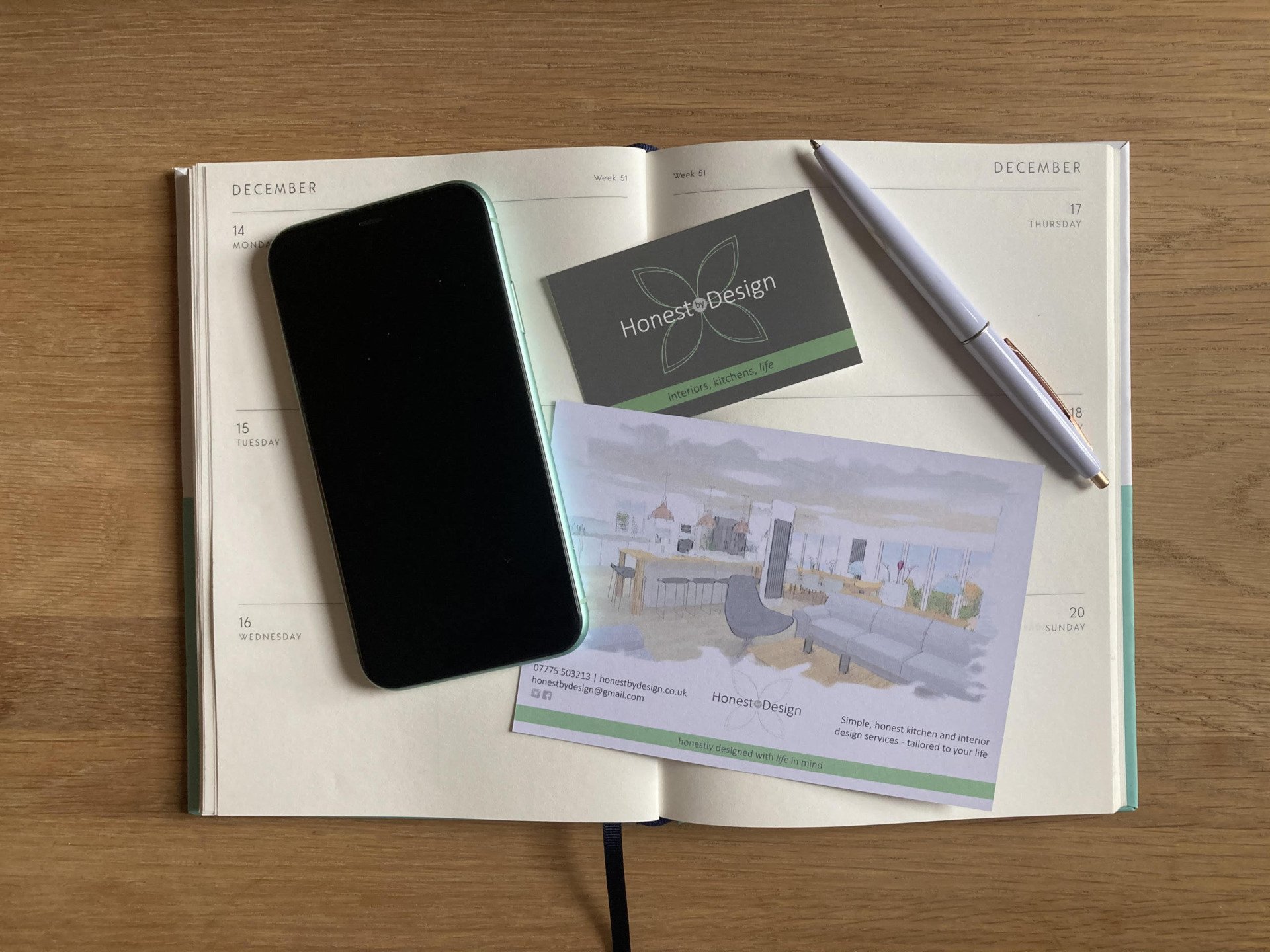 Honest by Design Ltd business card, diary and phone