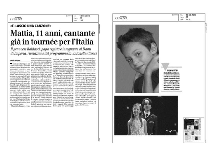 Articolo 'Mattia, 11 anni, cantante già in tournée per l'Italia'