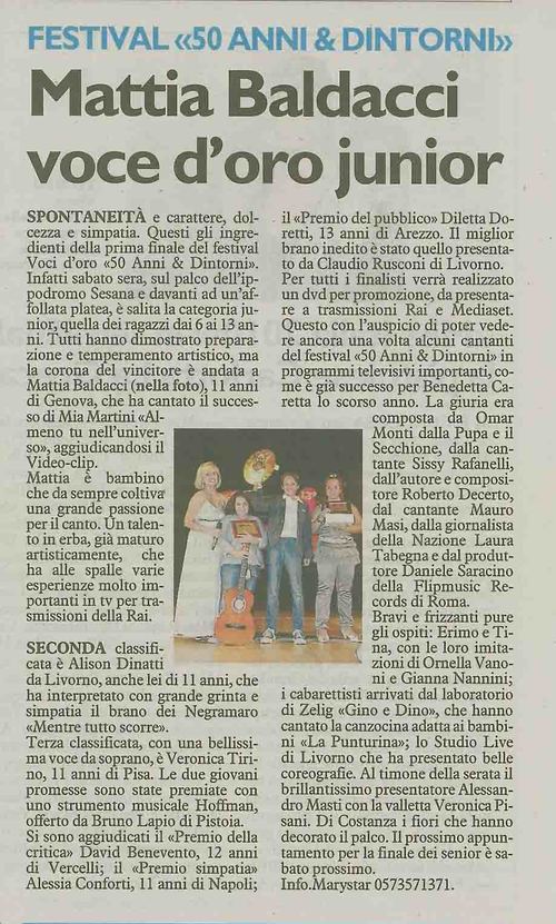 Articolo 'Mattia Baldacci voce d'oro junior'