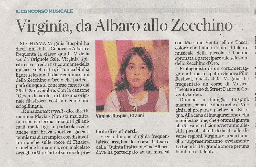 Articolo 'Virginia, da Albaro allo Zecchino'