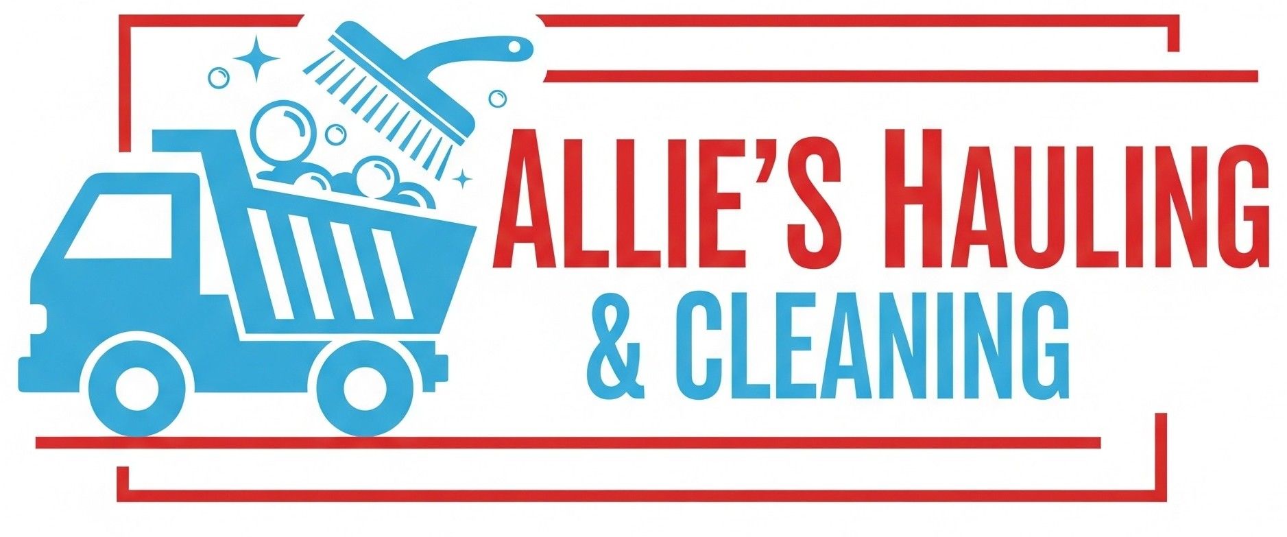 Logo of Allie's Hauling & Cleaning. A blue truck with bubbles and a brush. Text in red and blue.