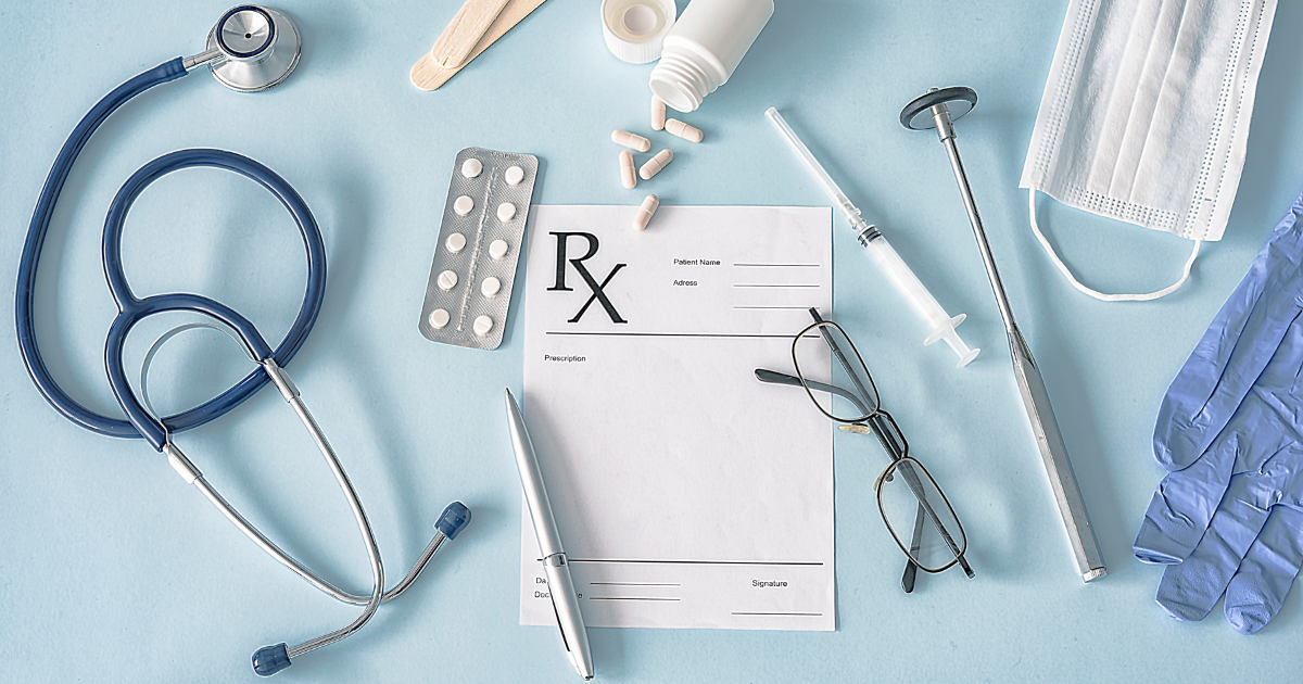 Medical prescription form, stethoscope, pills, and tools representing concierge healthcare in Vegas