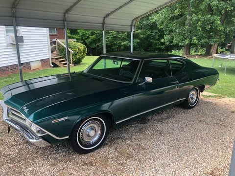 A green car is parked under a carport in front of a house.