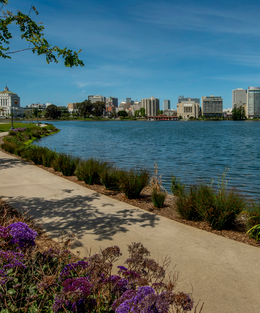 cityscape of Oakland with lake Merritt in the foreground