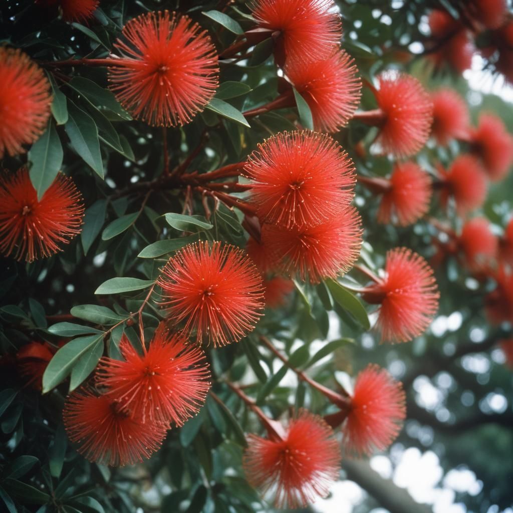 A cluster of bright red, pom-pom-like flowers of the Pōhutukawa tree (Metrosideros excelsa) against a backdrop of glossy green leaves.