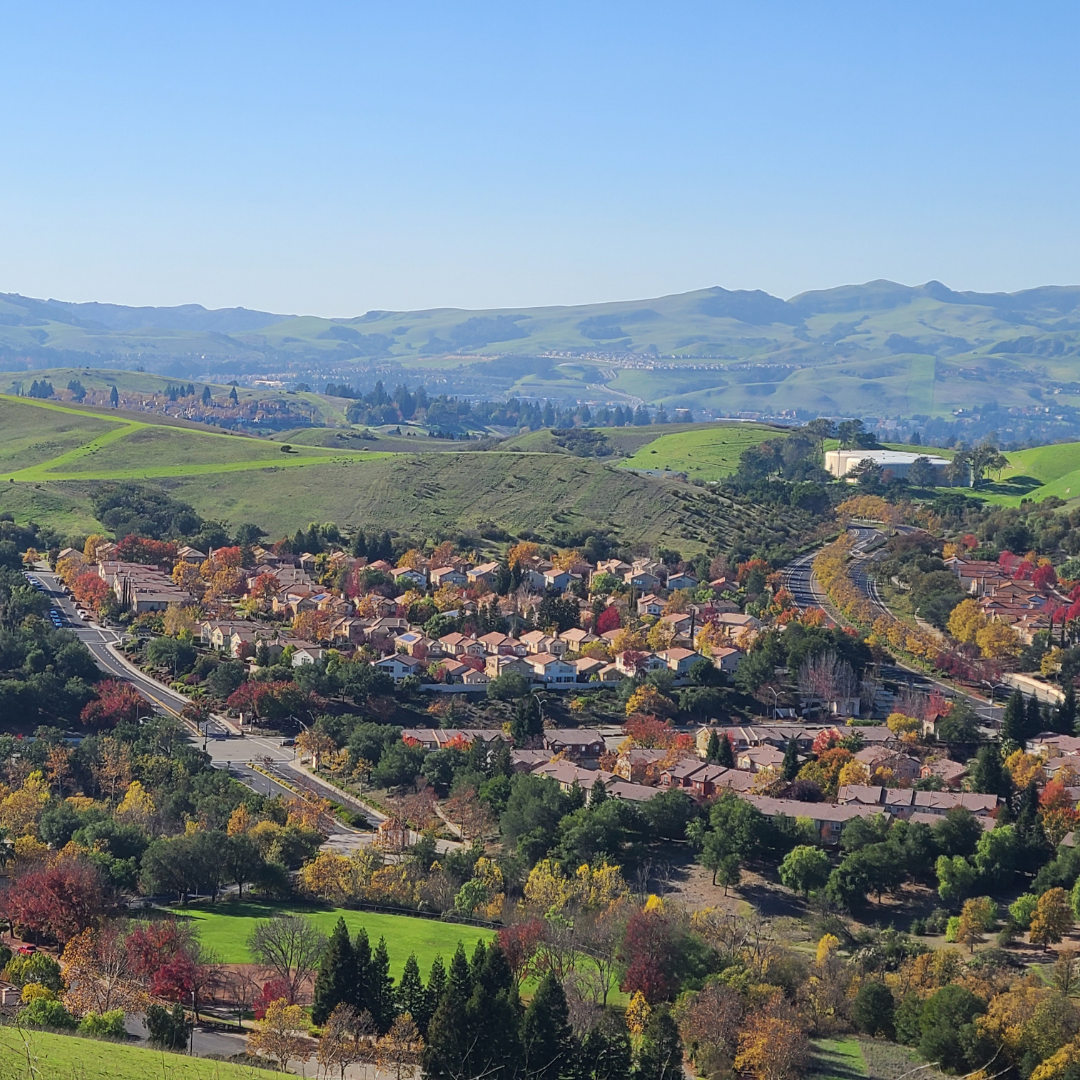 An aerial view of a small town in San Ramon California