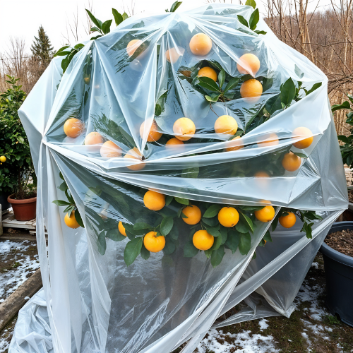 Fruit tree covered with a clear plastic sheet to protect it from frost during winter.