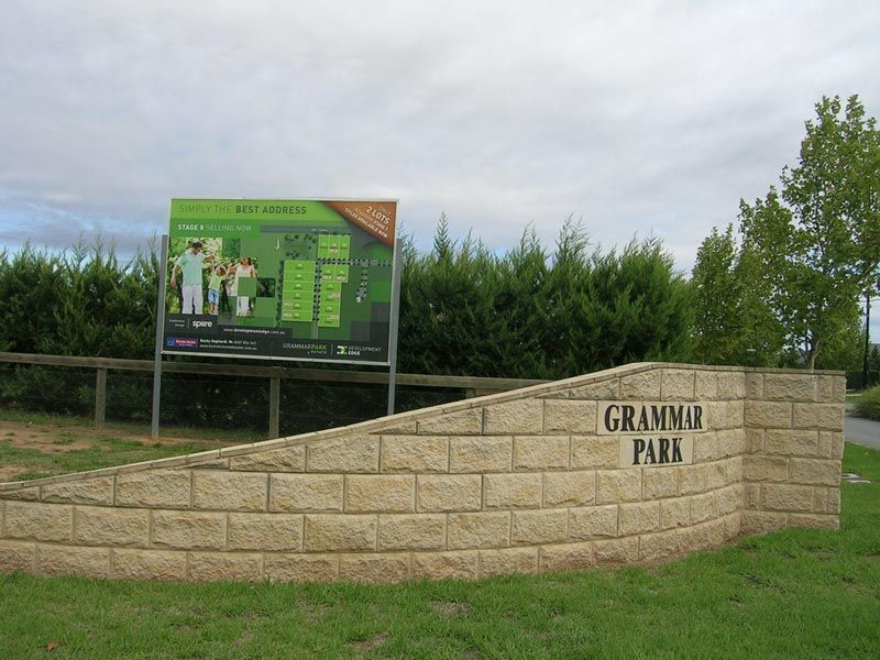 A Sign on a brick wall says Grampian park — Mawson Constructions in Kialla, VIC