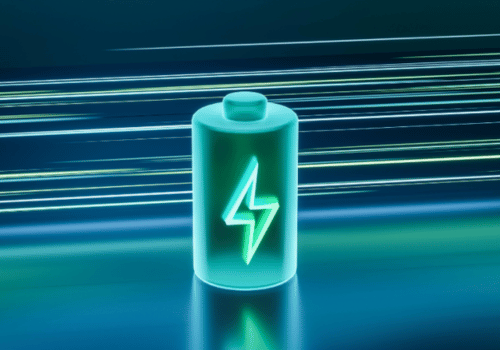 Glowing battery icon with lightning symbol on a futuristic background power.