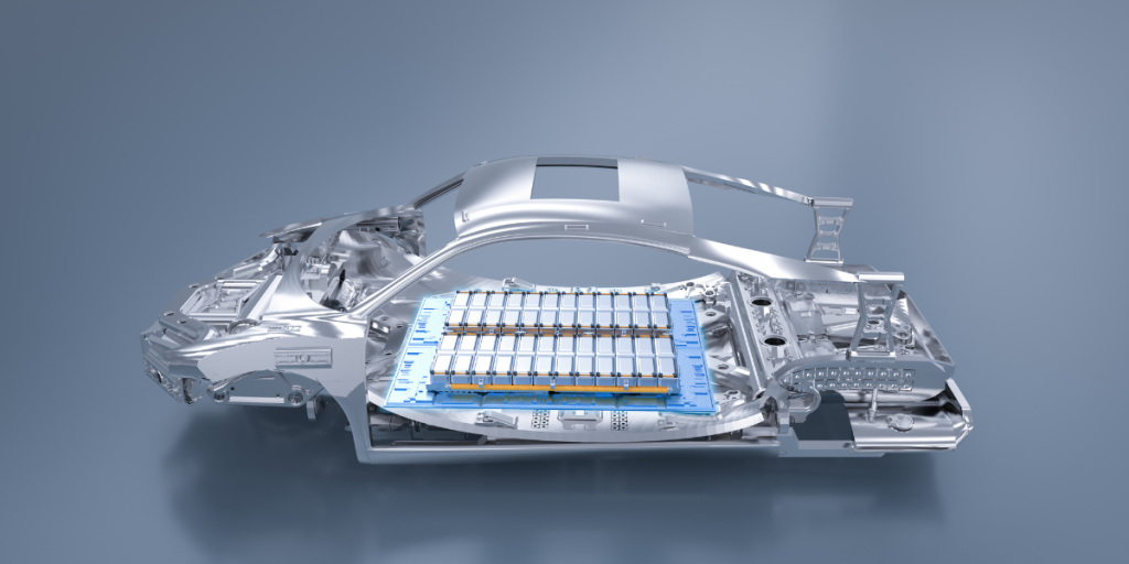 Cutaway view of an electric vehicle chassis showing battery pack placement.