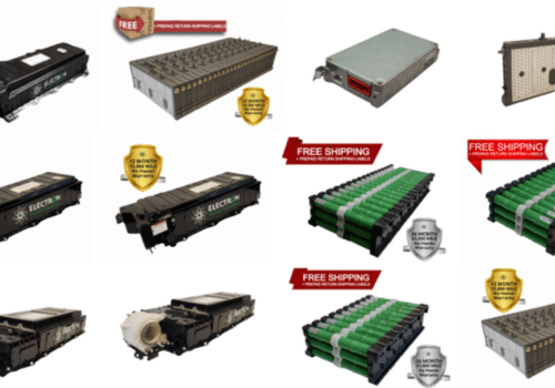 Various hybrid car battery packs and modules displayed with warranty badges and shipping labels