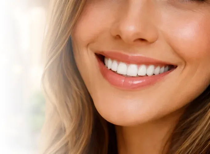 Gros plan sur le bas du visage d'une personne, montrant un sourire éclatant, blanc et sain.