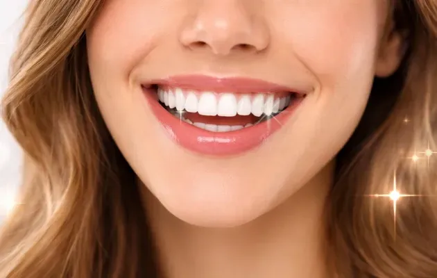 Gros plan sur une personne arborant un large sourire éclatant, dévoilant des dents blanches et propres.