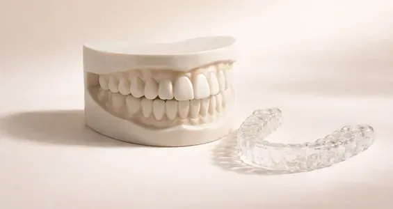 Un moulage dentaire blanc des dents associé à un appareil orthodontique amovible en plastique transparent sur fond clair.