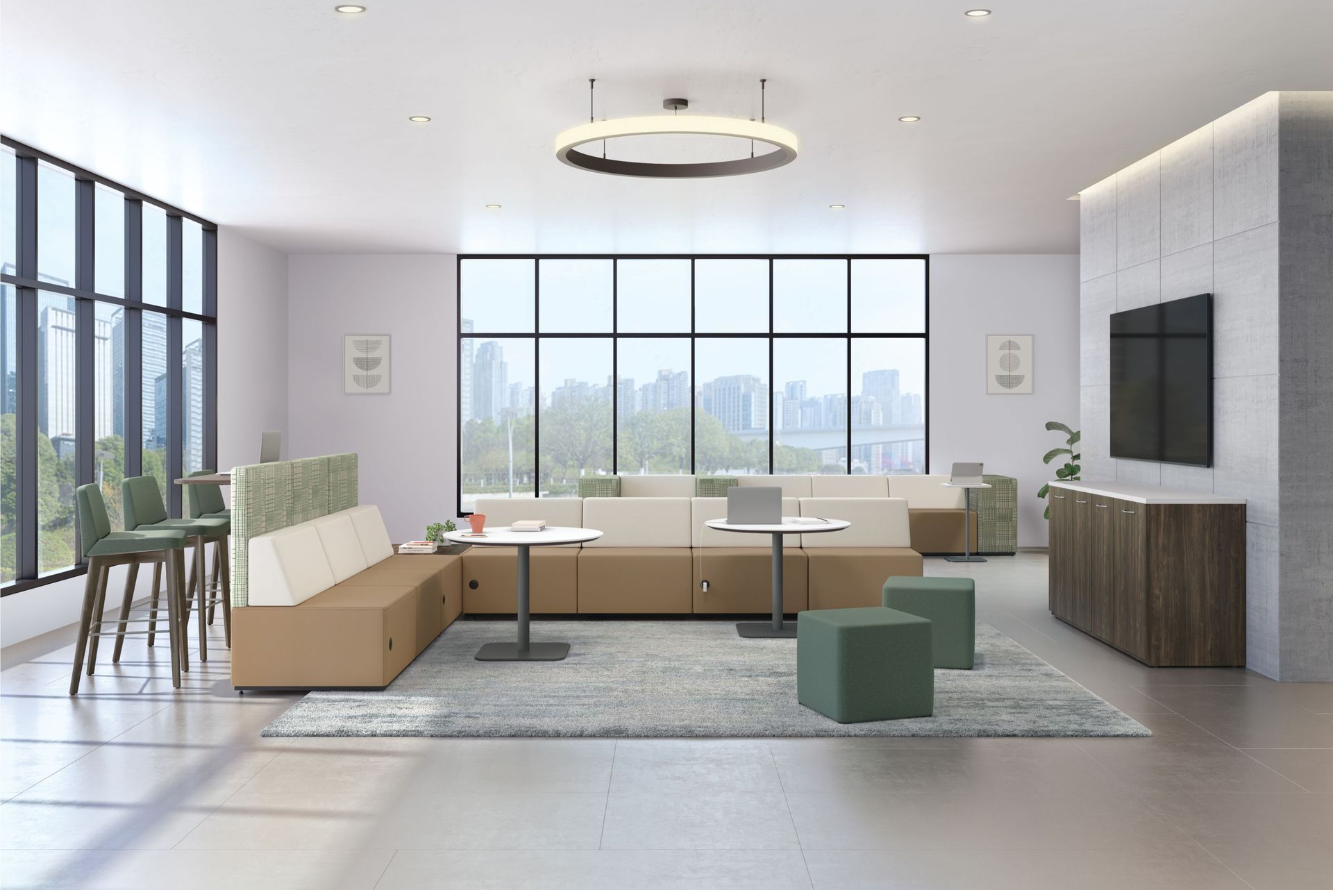 A hotel lobby with a couch , tables , chairs and a television.