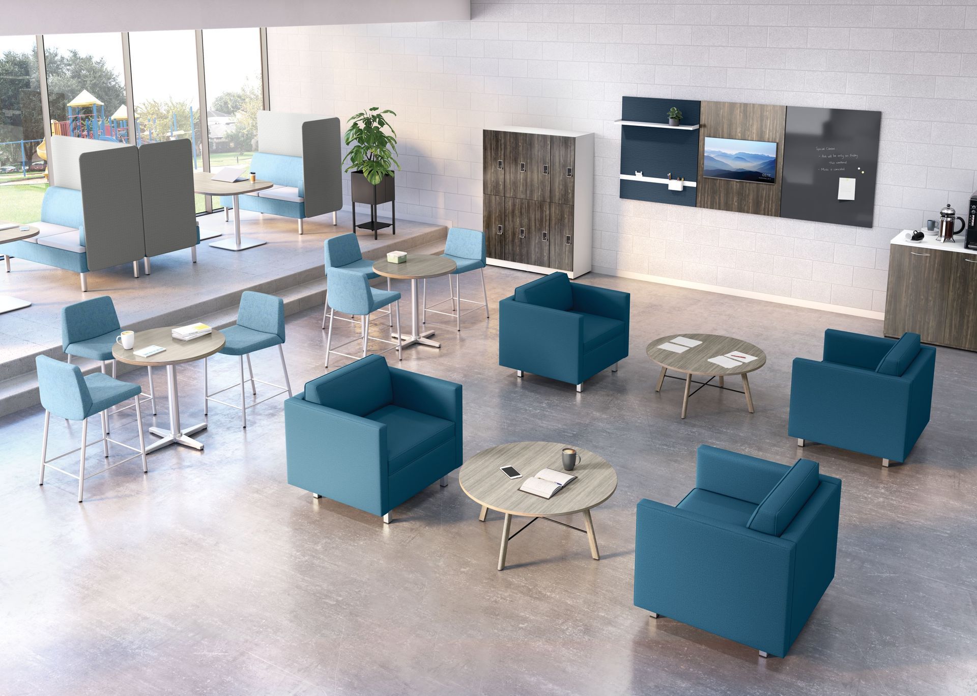 A living room filled with blue chairs , tables , and a couch.