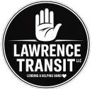 Circular logo: White hand above text "LAWRENCE TRANSIT LLC" with "Lending a helping hand ❤️" below; black and white.