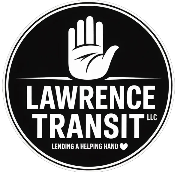 Circular logo: White hand above text "LAWRENCE TRANSIT LLC" with "Lending a helping hand ❤️" below; black and white.