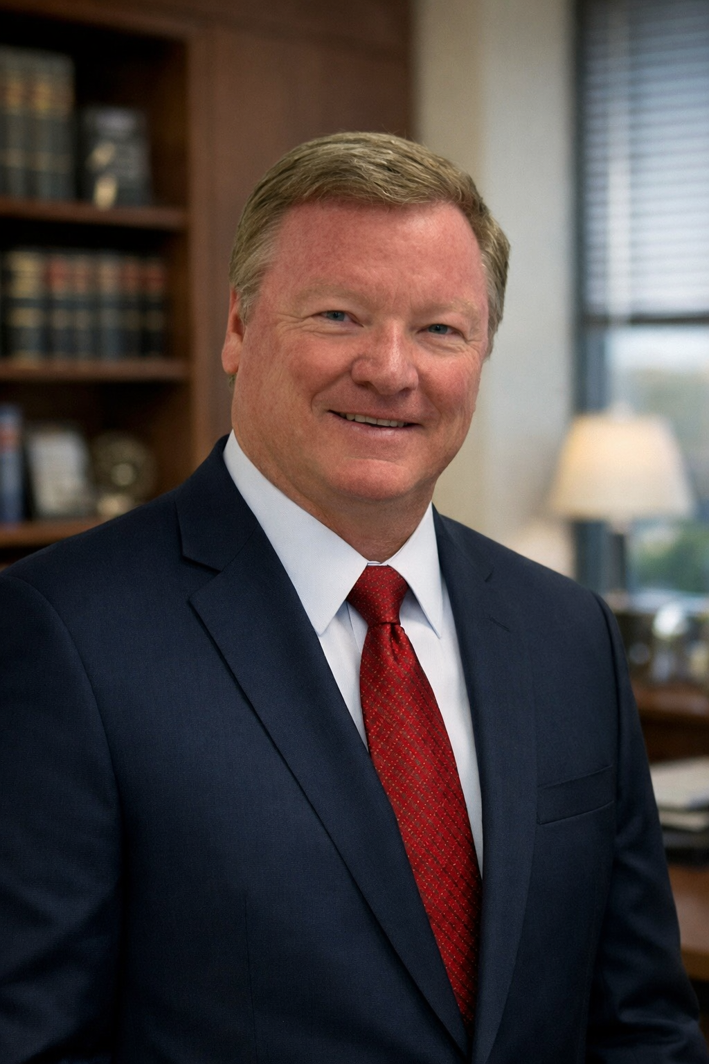 Man wearing a blue shirt and red tie, smiling in front of bookshelves.