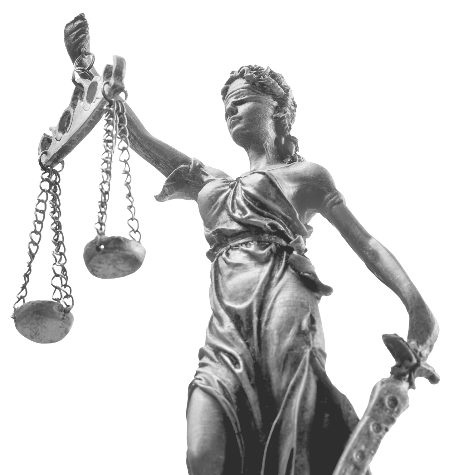 Statue of Lady Justice holding scales and sword, eyes blindfolded.
